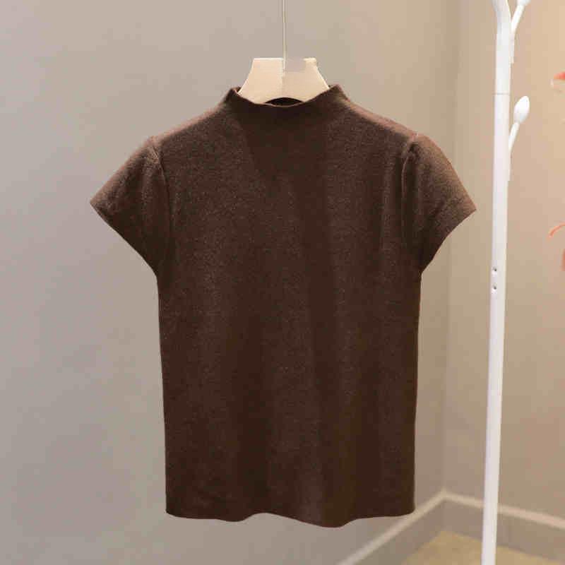 Women's Slim Fit Knitted White Top - Summer 2025 Short Sleeve Half High Neck Tee