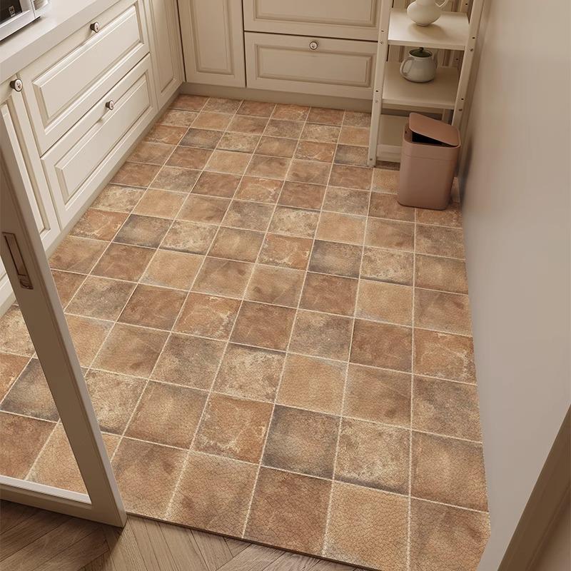 Retro Plaid Kitchen Floor Mat Oil-proof Waterproof PVC Leather Carpet Fashionable Home Decoration Free-cut Balcony Rugs Alfombra