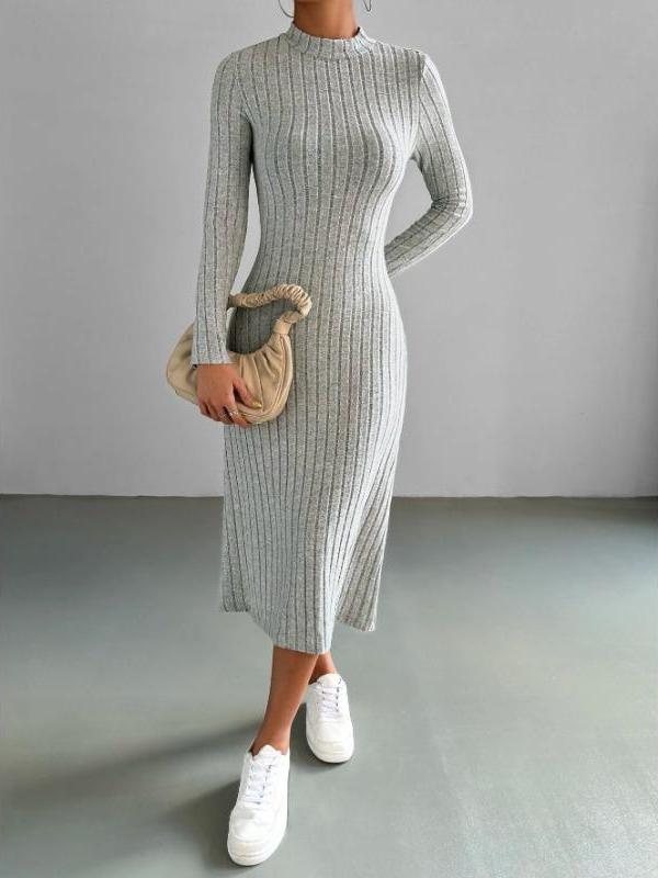 Høst Vinter Dame Ribbestrikket Kjole Elegant Chic Mote Langermet O-hals Slim Korsett Bodycon Kjole Streetwear