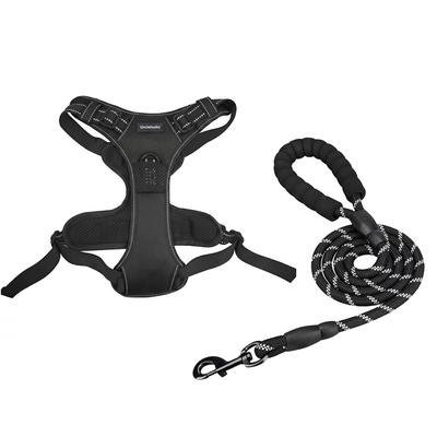 Custom Heavy Duty Solid Black Adjustable Reflective Nylon Webbing Mesh Padded No Pull Dog Harness with Easy Control Handle