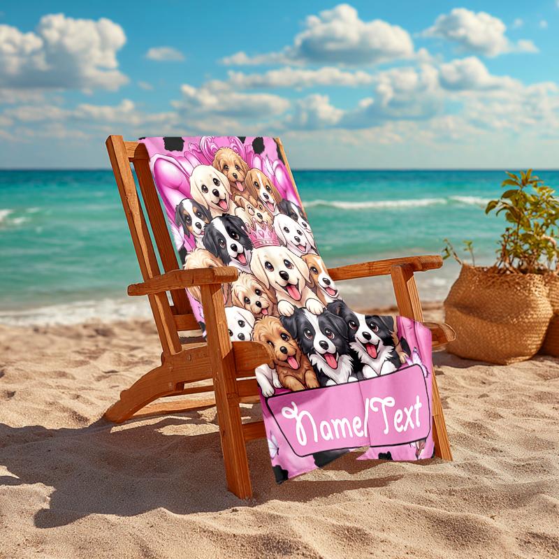 1PC Custom Name Puppy Party Pink Beach Towel Highly Absorbent And Sand-Resistant Towel for Swimming, Pool, Yoga, And Travel Lightweight
