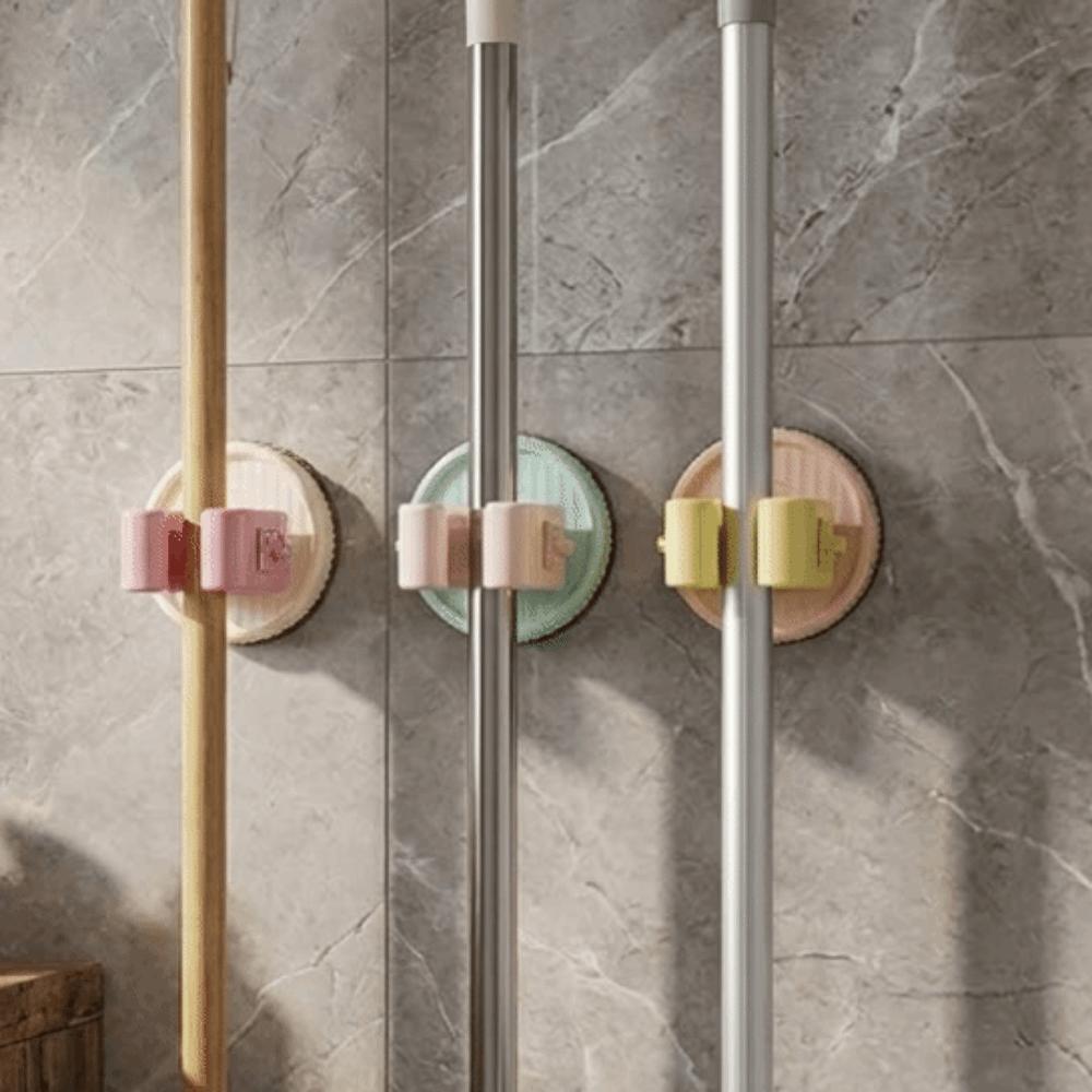 3PCS Multi-functional Plastic Suction Cup Mop Holder Wall Mounted Waterproof Mop Clip Space Saving Mop Storage Rack Bathroom