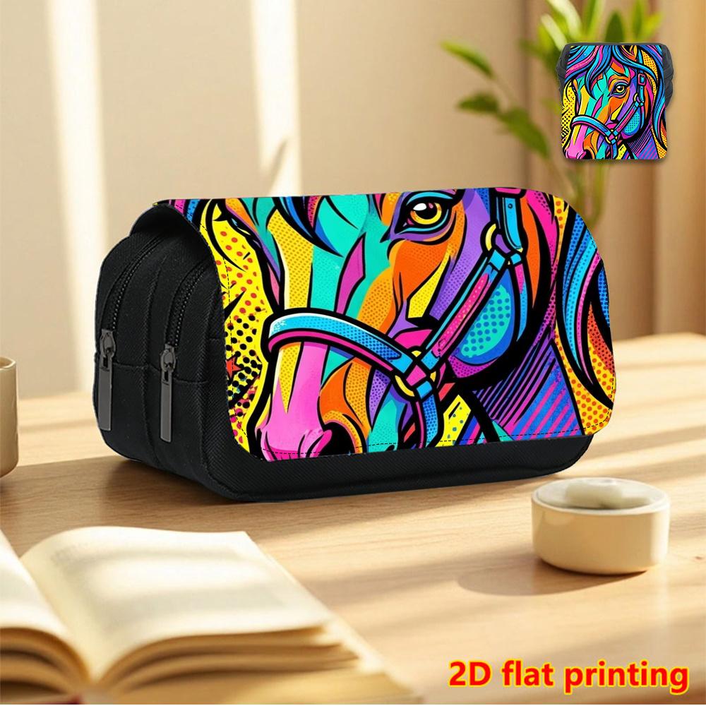 Double-Layer Flip-Top Pencil Case Suitable for School & Travel - Large Capacity Multi-Functional Organizer with Abstract Graffiti Print, Black Pencil