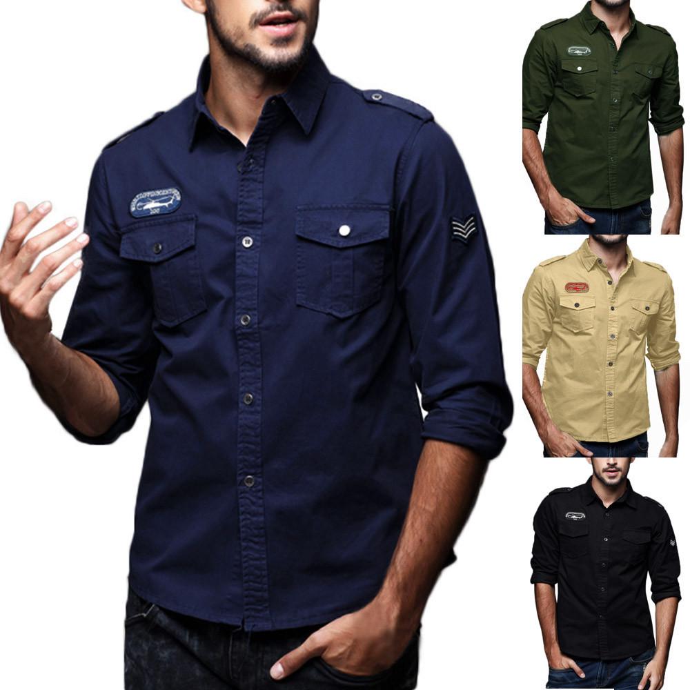 Mens Casual Military Cargo Slim Button Long Sleeve Dress Shirt Top Blouse