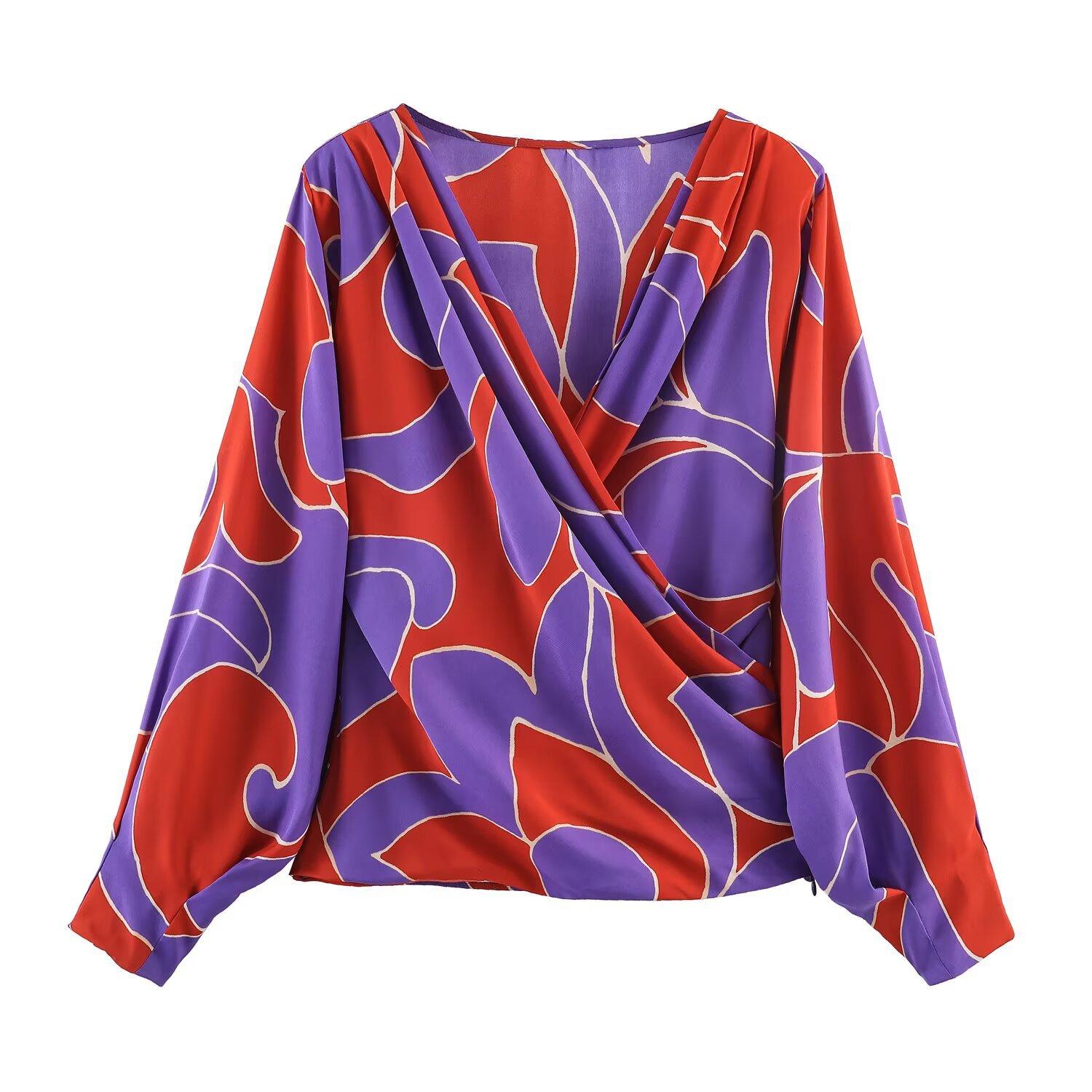 European and American style, new women s clothing, foreign style, fashionable printed silk satin shoulder pad shirt 2549133 XS