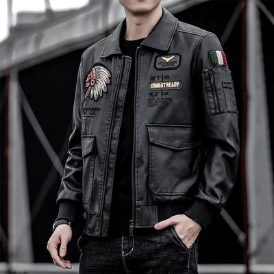 Men's Pu Leather Jacket Men's Lapel Embroidered Motorcycle Jacket Spring and Autumn Men's Casual Trendy Leather Jacket