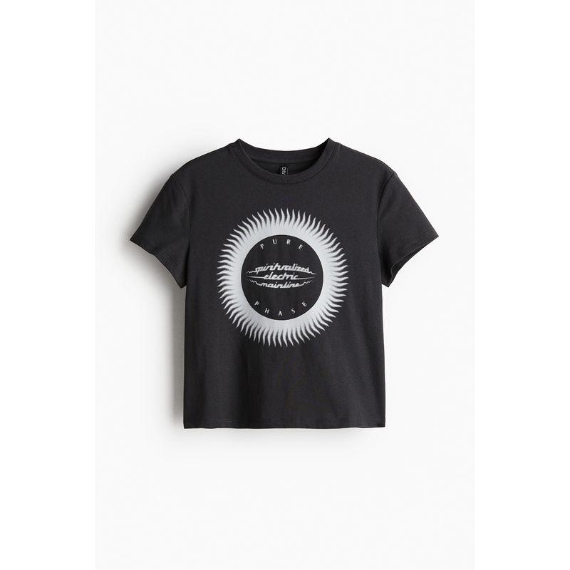 

[Spiritualized Purification Band] HM Women s T-shirt Autumn Print Silm Short Top 1207443 Black/Spiritualized 155/76A