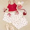 Damen Pfirsich Herz Süßes Sommer Dreiteiliges Pyjama-Set - Kindliches Spaghettiträger Sexy Loungewear