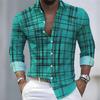 Men's Irregular Line Grid 3D Printed Long Sleeved Shirt, Business Casual Lapel Button Up Cardigan