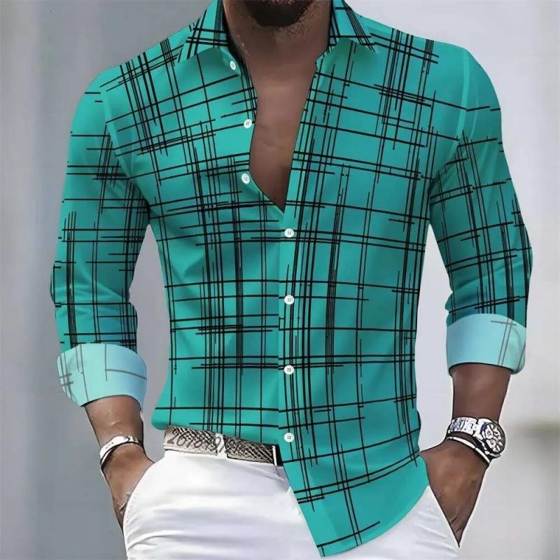 Men's Irregular Line Grid 3D Printed Long Sleeved Shirt, Business Casual Lapel Button Up Cardigan