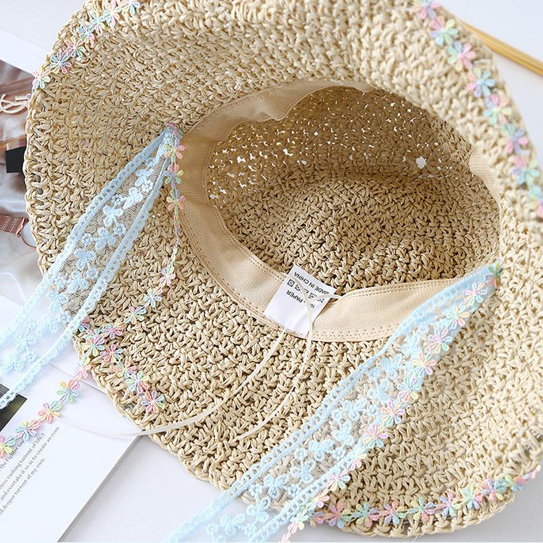 Lace Lafite Damen Strohhut Frühling und Sommer Sonnenschutz Reise Hut mit breiter Krempe Bucket Hat Strand Meer Sonnenhut