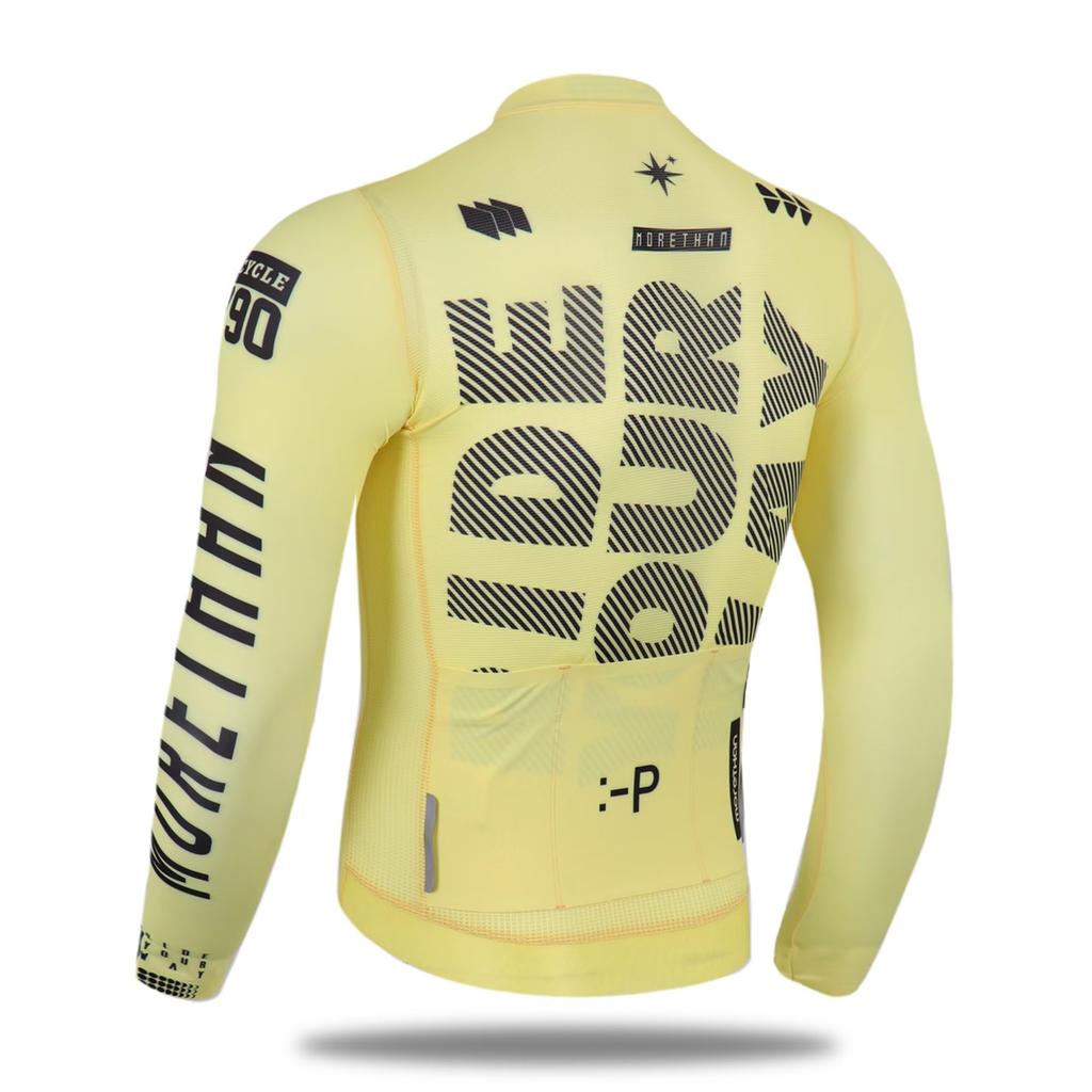 Morethan Cycling Jersey for Men and Women UV (L/Yellow/Long Sleeve) - Protection, Pockets, Antibacterial, Lightweight, Unisex, LVP-017