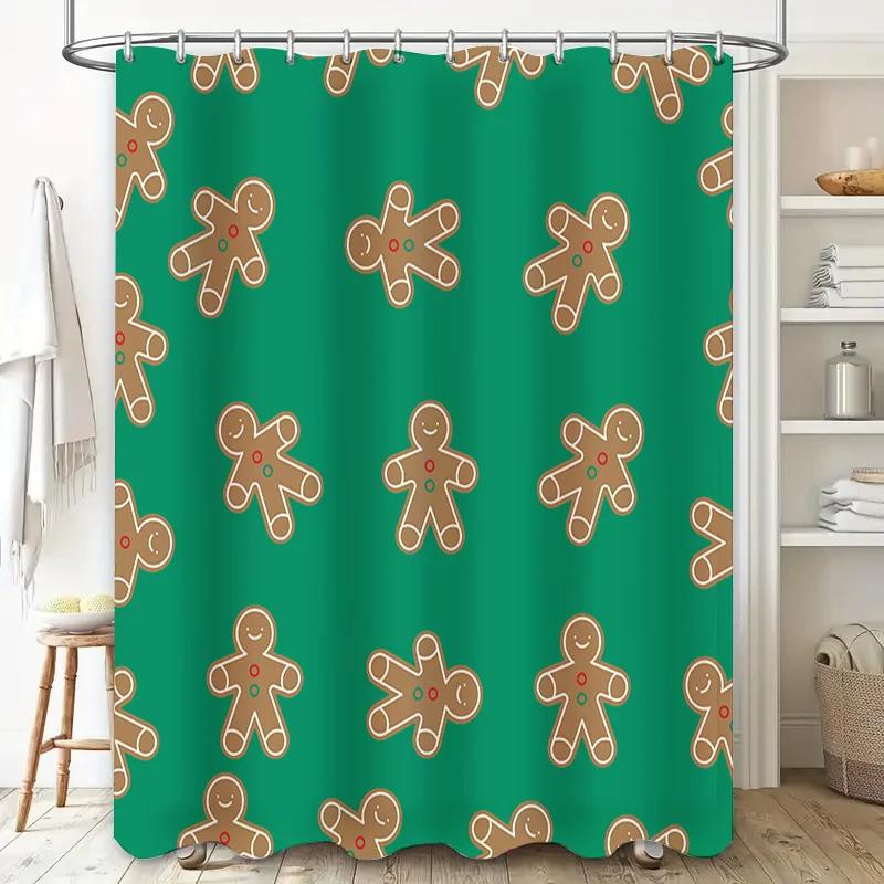 Green Waterproof Shower Curtain Christmas Gingerbread Man Pattern Decorative Bath Liner for Home Bathroom Accessories