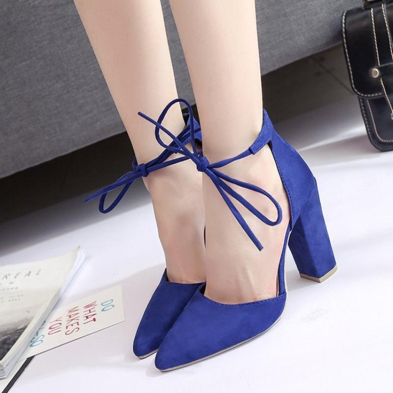 Spring and Summer New Shallow Women's Single Shoes Cross-strap Pointed Thick Heel High Heels Size Suede Women's Shoes