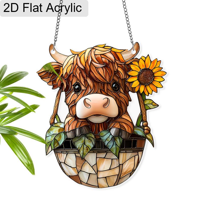 Acrylic Highland Cow with Sunflower Suncatcher Stained Glass Effect Window Hanging Ornament Farm Animal Lover Gifts 20cm/7.87Inch