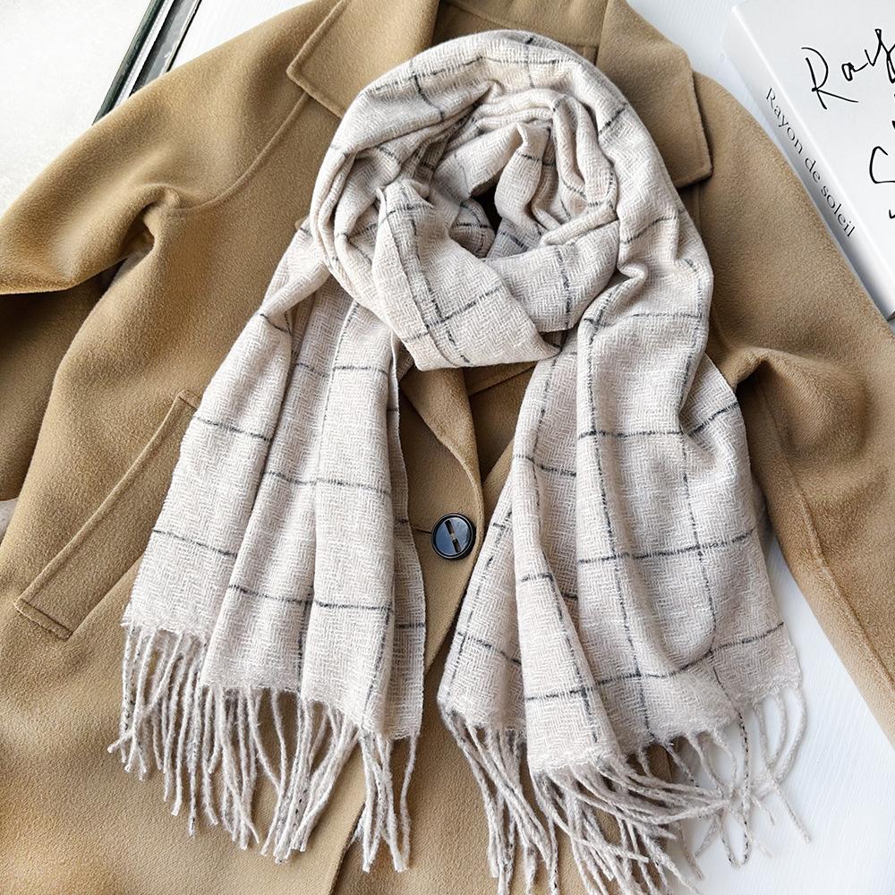 Soft waxy and thick plaid imitation cashmere scarf for women, warm fringed shawl in winter, couple scarf tide