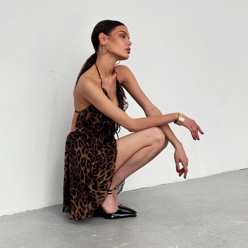 Personality Street Style Summer Fashion Trend Leopard Print Lace-up Halter Sexy Halter Dress