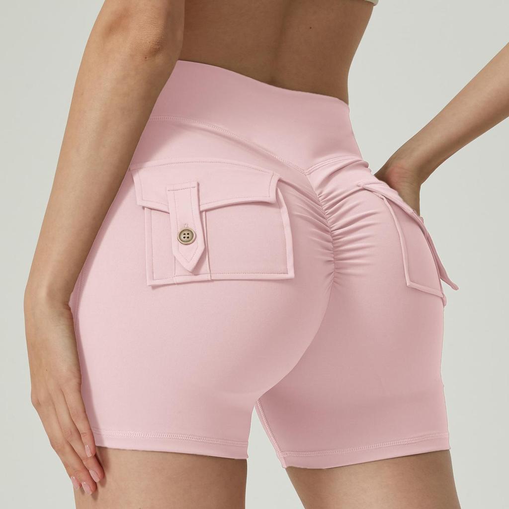Shorts de Yoga Europeus e Americanos de Cintura Alta com Bolso - Calças de Fitness Flare para Levantamento de Quadril Feminino