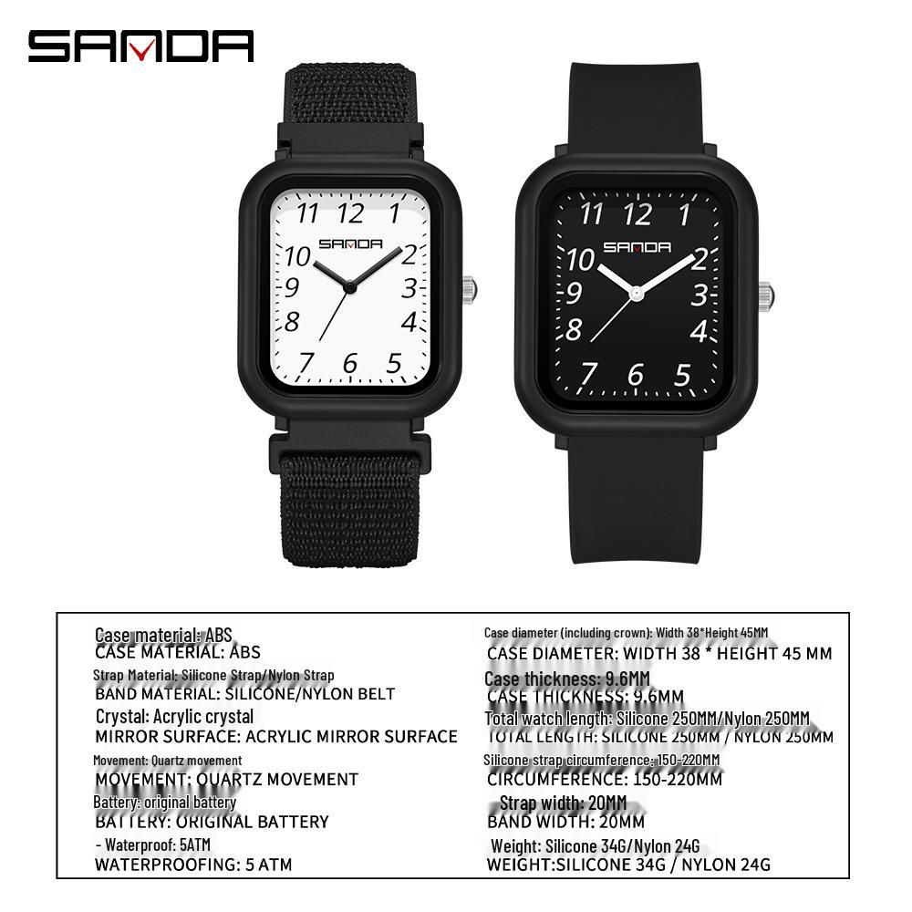SANDA 50M Waterproof Square Quartz Watch with Quick Release Strap for Students and Civil Servants.