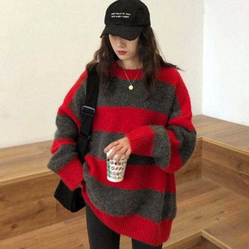 Utumn Vintage O Neck Knitted Pullovers Sweater Women Loose Casual Contrast Striped Sweaters Winter Warm Knitwear Jumpers 28594