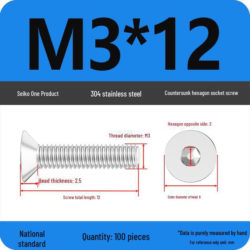 M2-M10 Stainless Steel Flat Head Machine Screws and Bolts Set, Countersunk Hex Socket Cap, 304 Grade.