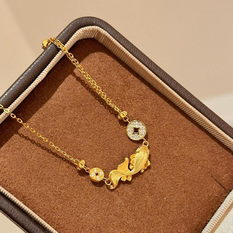 

Vintage Antique Gold Craftsm Brushed Luxury Fish Koi Necklace Bracelet Diamond Inlay Exquisite High-Quality Jewelry Sets