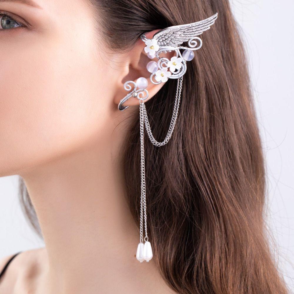 Left Ear Right Ear Crystal Elf Ear Clip Zinc Zinc Alloy Long Tassel Earrings Retro Flower Ear Clips Women