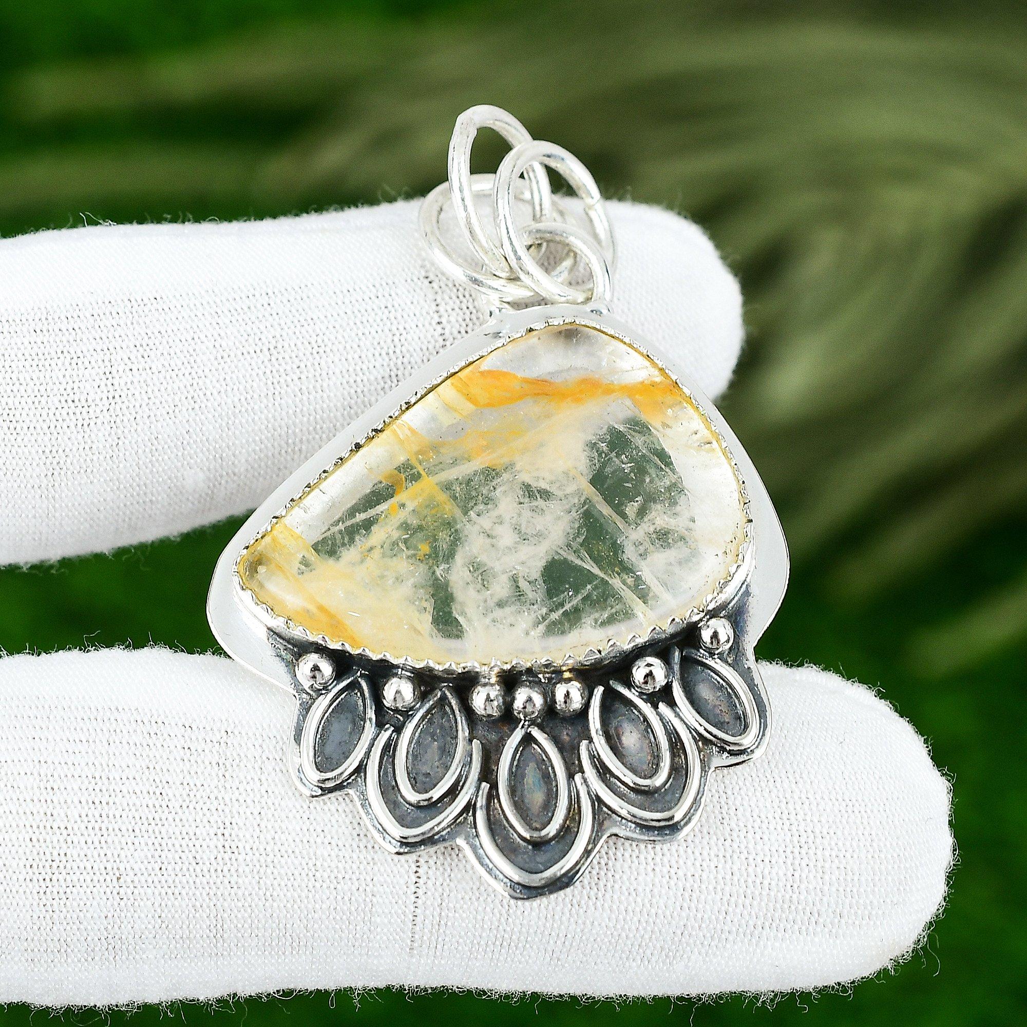 Триллион Плюмажный Агат Драгоценный камень 925 Серебро Безель Дочь Ручной работы Подвеска Ювелирное изделие