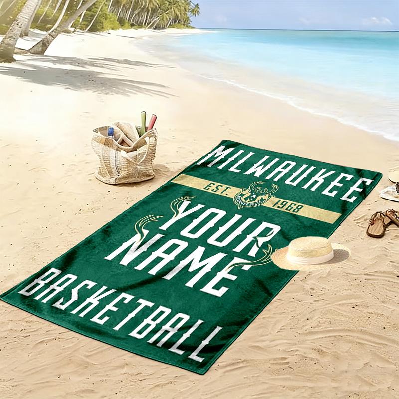Name Custom Milwaukee Bucks Print Beach Towel, Large Soft Quick Dry Towel for Beach Camping Swimming