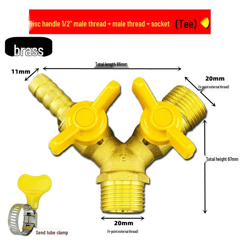 Brass Y-Type Gas Hose Three-Way Valve Connector with 4-Point Ventilation Ball Valve Switch.