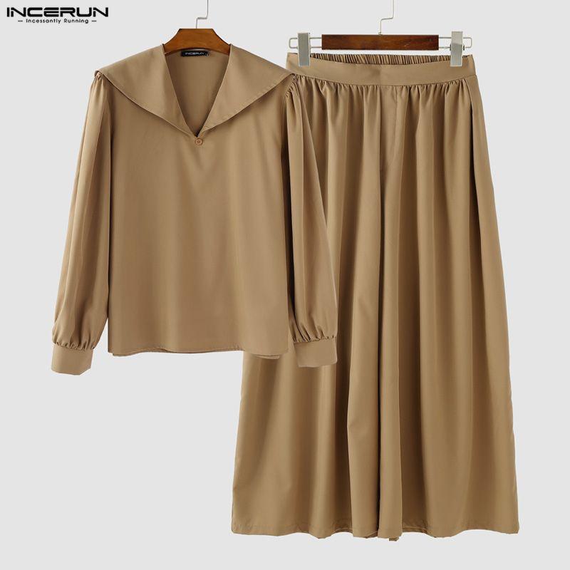 INCERUN Two Pieces Men Sailor Collar Long Sleeve Shirts Long Wide Legs Pants Sets Outfits