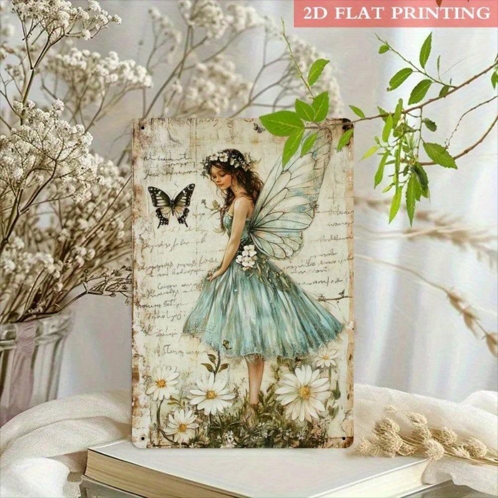 Vintage Fairy Butterfly Metal Wall Art Sign 8x12 Inch Decorative Iron Plaque Home Decoration