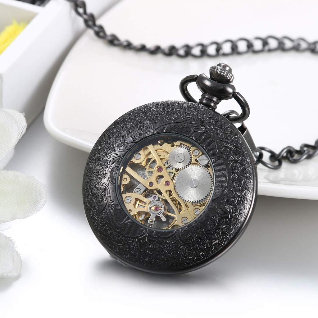 JewelryWe Pocket Rock Retro Antique Roman Analog Pocket Watch Pendant Perfect for and Black Watch, Necklace, Waterproof, Cosplay, Events, Halloween,