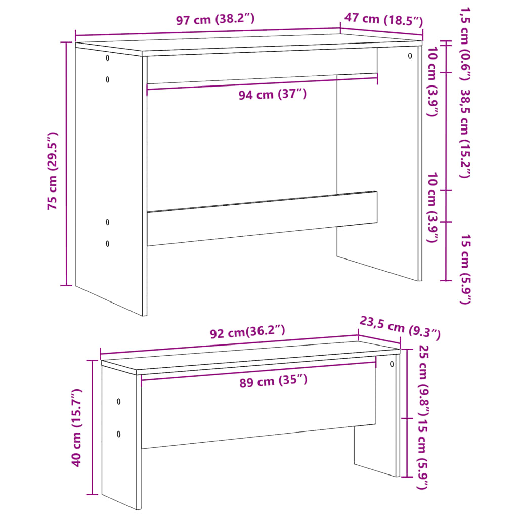 3 piece dining table and bench set concrete grey particleboard