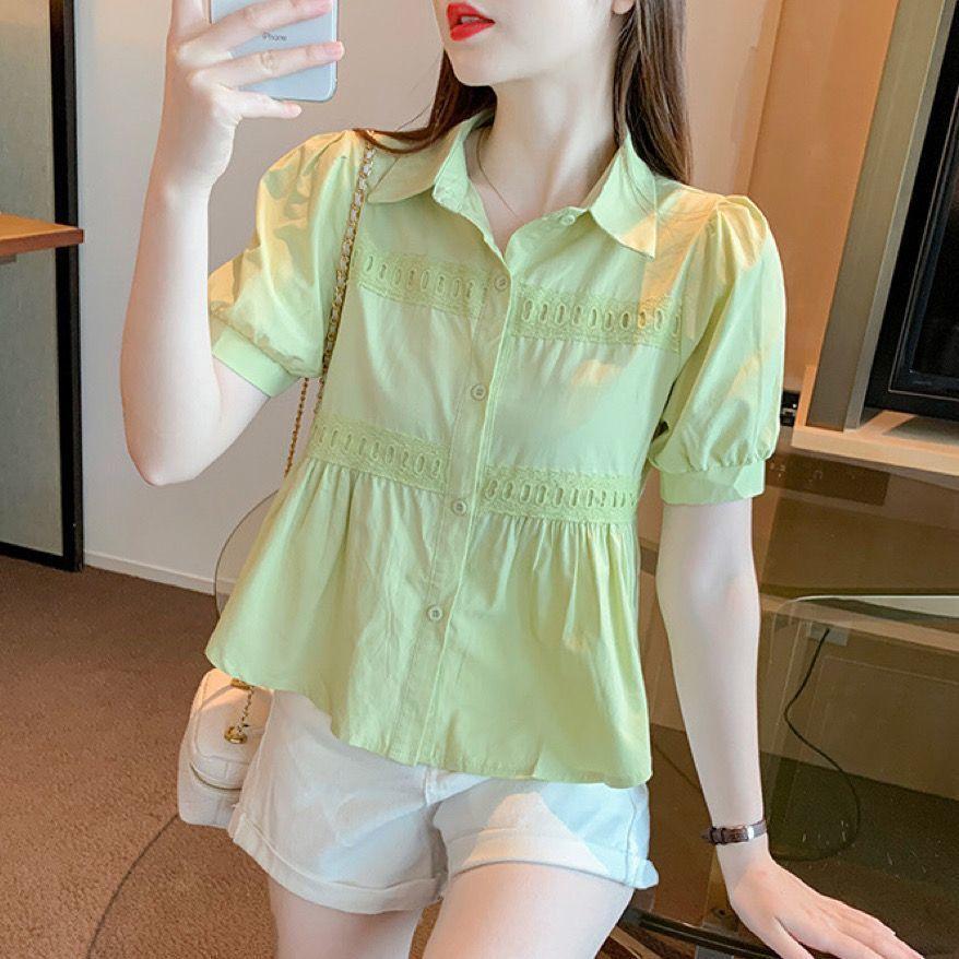 Women's Shirt Bubble Short Sleeved Shirt Shoulder T-shirt Summer Chic Shirt French Short Top