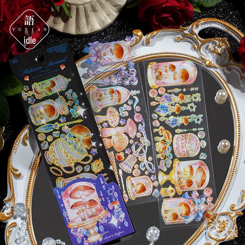 Yuxian PET Hot Stamping Mushroom Movement Sticker Series - 4 Styles: 6 Sheets for Journal Decoration.