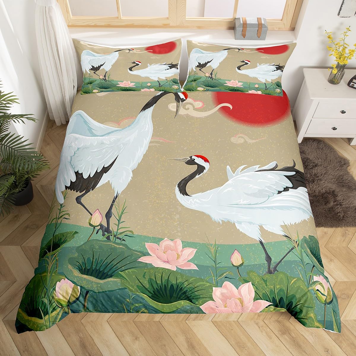 

White Crane Down Duvet Cover Queen King Size Wild Bird Animal Bedding Set Ink Painting Quilt Cover Trees Branches Plants 3 Pcs EU Double(200*200cm)3pcs