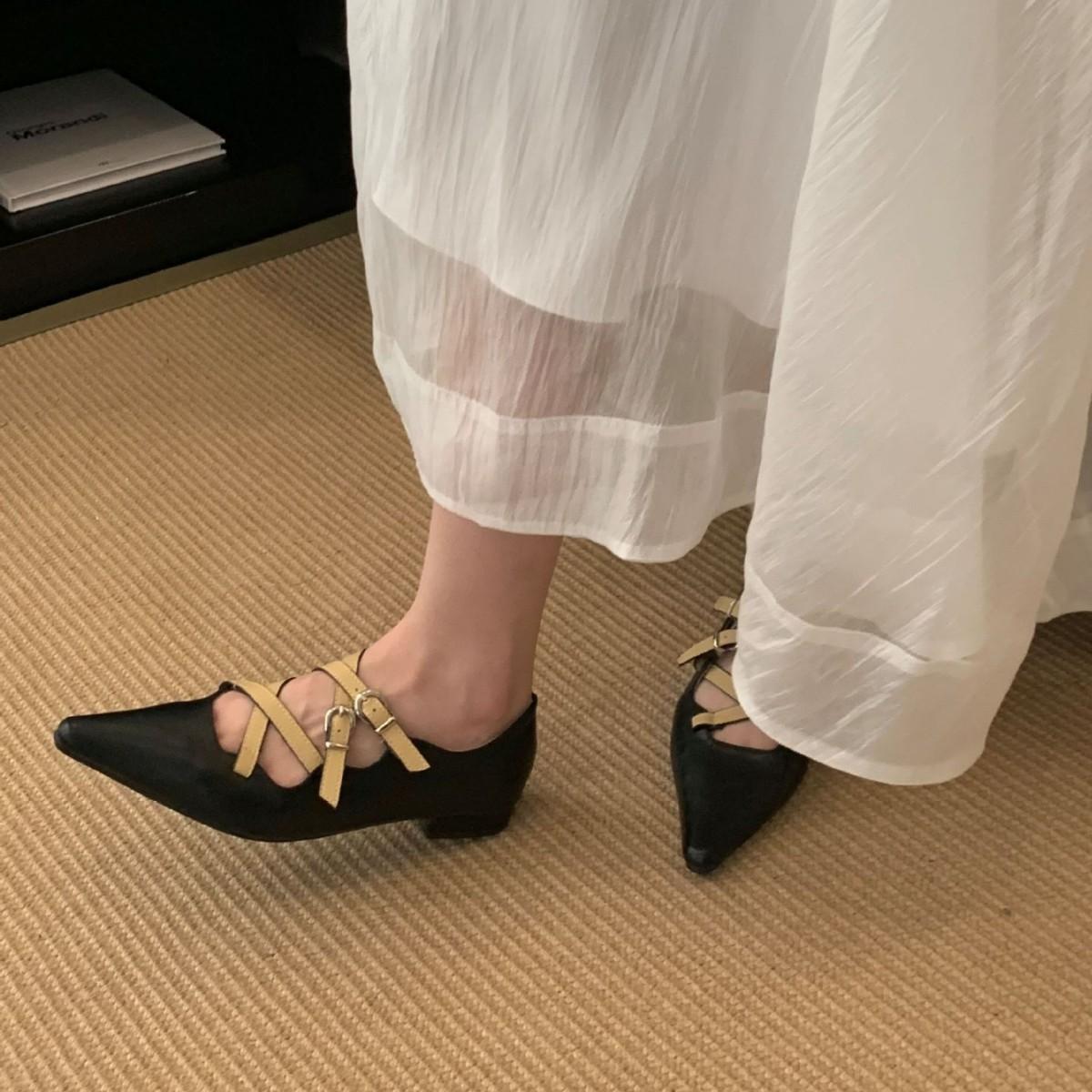 

2025 French pointed-toed color matching single shoes flat shoes one-word buckle Mary Jane low-heeled shoes women s shoes 39 абрикосовый