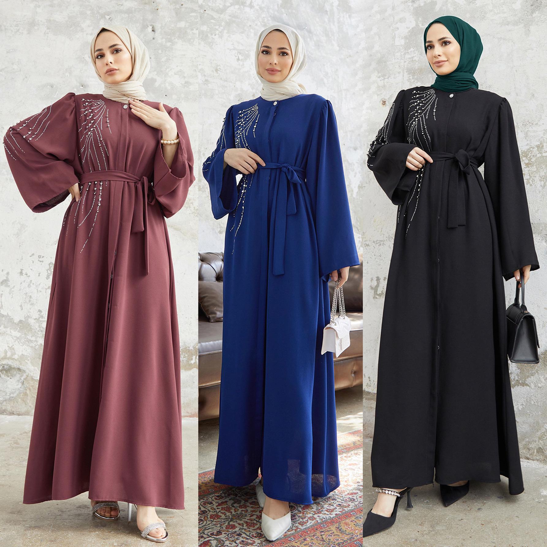 Abito lungo Abaya da donna mediorientale con perline e diamanti a caldo M colore blu royal