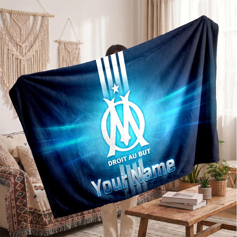 Olympique Marseille FC Personalized Fleece Blanket With Football Logo, Custom Name Text Soft Warm Home Throw Blanket