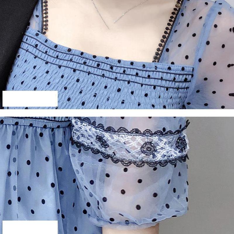 Síťované šití Vlnkový top Dámský zkrácený top Čtvercový výstřih Šifonová košile Elastické stažení vzadu Temperamentní Vílí styl Léto