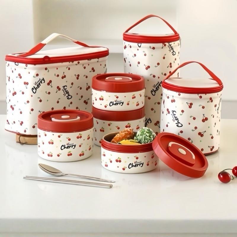 Stainless Steel Cherry Print Lunch Box Set with Insulated Bag & Tableware for School Office Picnic