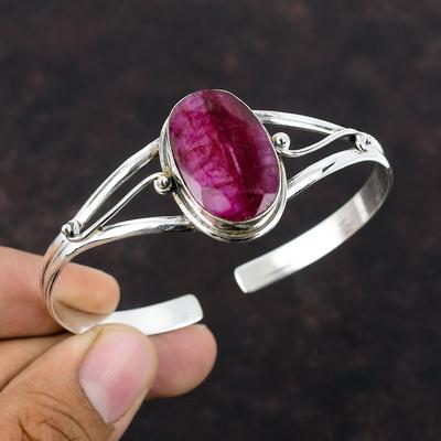 Faceted Kashmir Ruby Cuff Bracelet Natural Gemstone Jewelry 925 Sterling Silver Bangle Adjustable Cuff Handmade Decent Bangle Gift For Women