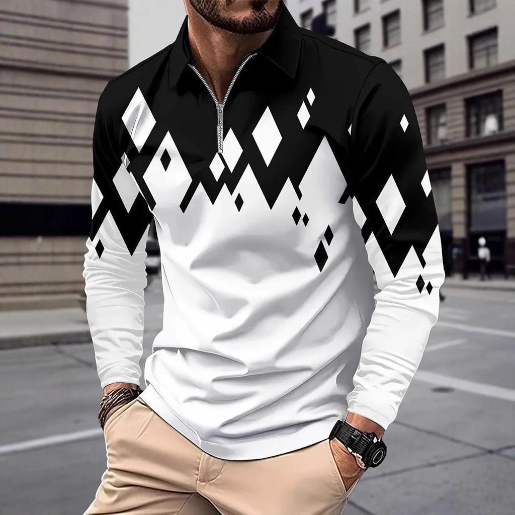 Vintage Tribal Print Long Sleeve Polo Shirt, Stylish Casual Men's Top