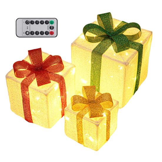 3 Stück Weihnachtsgeschenkboxen mit Beleuchtung und Schleife LED Leuchtende Geschenkboxen für Innen- und Außenbereich Zuhause Veranda Weihnachtsbaum Partydeko