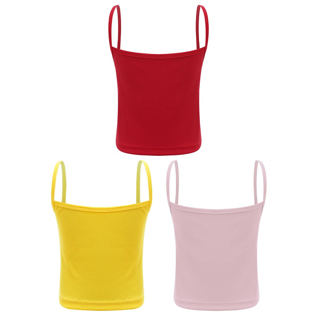 Set da 3 pezzi per bambine: canottiera a costine, top corto senza maniche con spalline sottili, tinta unita, per sport e allenamento di danza