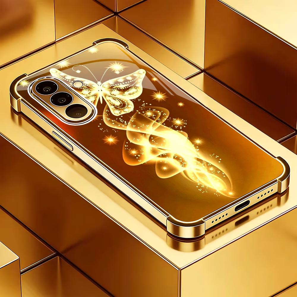 

Golden butterfly plated glass phone case suitable for Samsung Galaxy S26 S25 S24 S23 S22 S20 FE/Ultra/Plus anti drop back cover GalaxyA255G