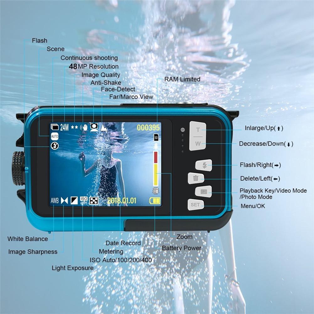 4K/30FPS Waterproof Camera 1080P UHD Video Recorder IPS Dual Screen Anti Shake Face Detection Autofocus for Vacation Snorkeling