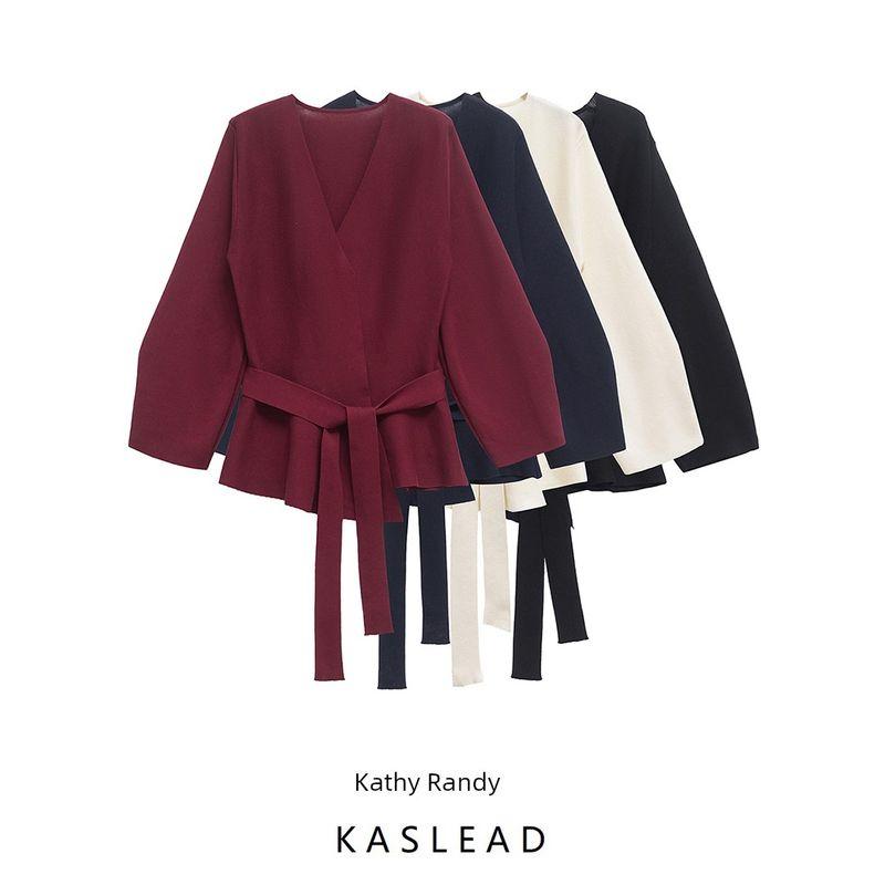 Kaslead New Arrival Women's Clothing Fashion Style Fashion with Belt Padded Shoulder Decoration Knitting Suit 9598128