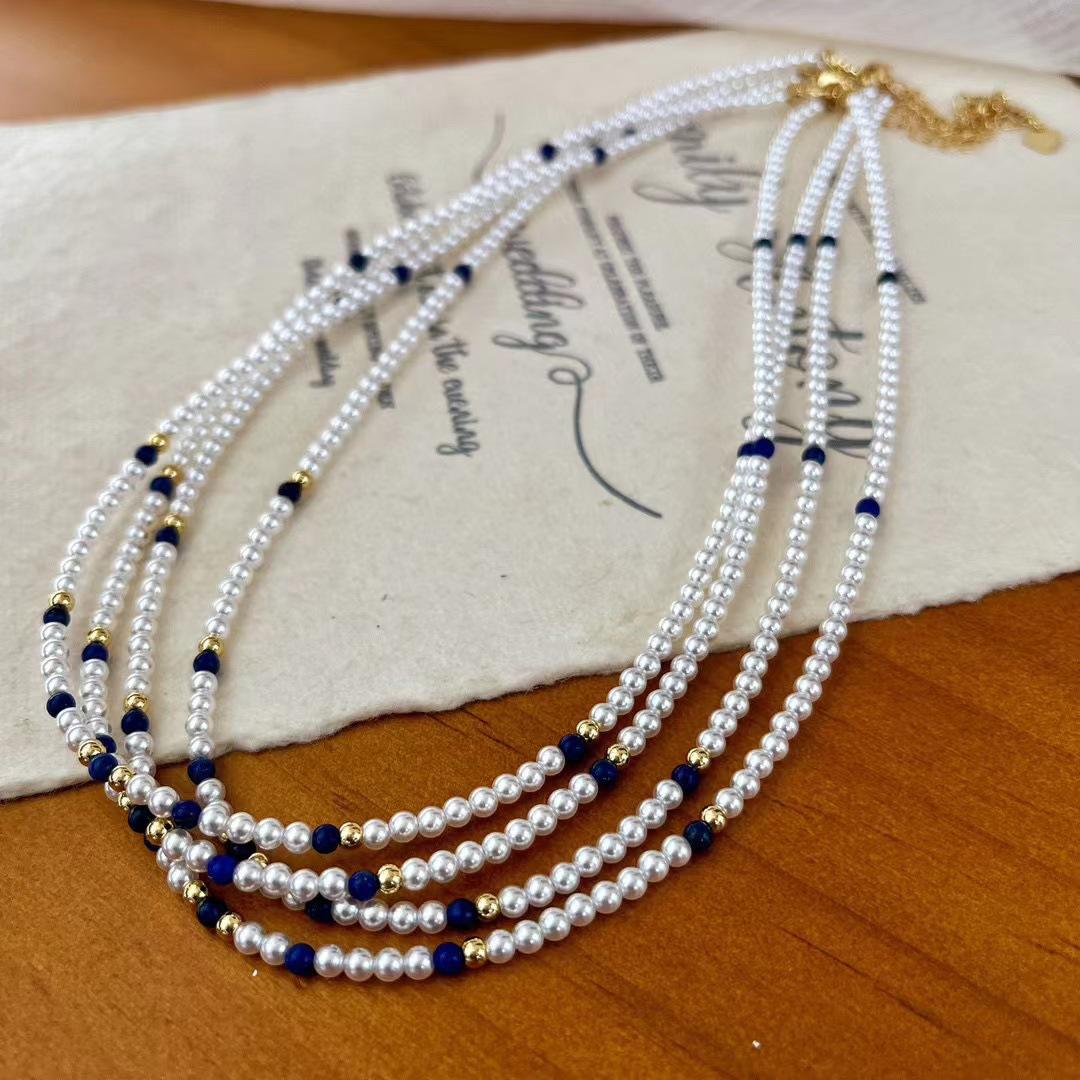 

Retro Strong Light Cold White Shijia Pearl Contrasting Color Natural Lapis Lazuli Collarbone Chain Simple And Versatile Necklace